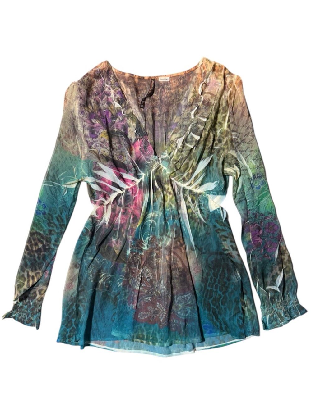 VINTAGE Sheer Y2K Ruffle Paisley Top Boho Watercolor Gypsy Festival Fairycore